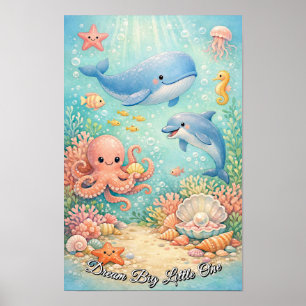 Pastel Oceaan Walvis Octopus Zeepaardje Blauwe Jon Poster
