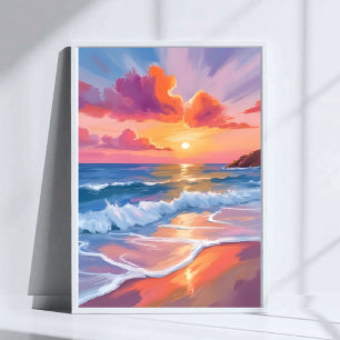 Pastel Oceaan Zonsondergang   Kleurrijke Strand Sc Poster