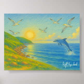 Pastel oceaanschilderij met dolfijn bij zonsonderg poster