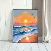 Pastel Oceaanschildering Zonsondergang Aquarel Str Poster