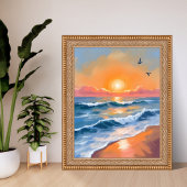 Pastel Oceaanschildering Zonsondergang Aquarel Str Poster