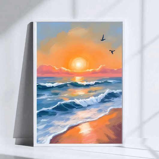 Pastel Oceaanschildering Zonsondergang Aquarel Str Poster