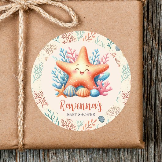 Pastel Ocean Starfish Custom Name Baby Shower Ronde Sticker