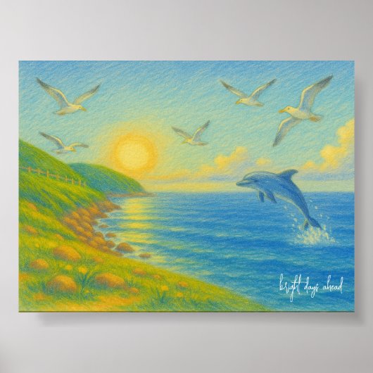 Pastel Ocean Sunset Landscape Painting Dolphin Poster (Voorkant)