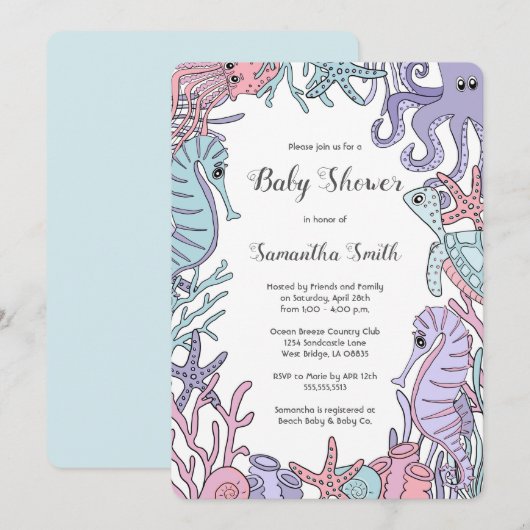 Pastel Ocean Theme Zee Life Baby shower Uitnodigin Kaart (Voorkant / Achterkant)