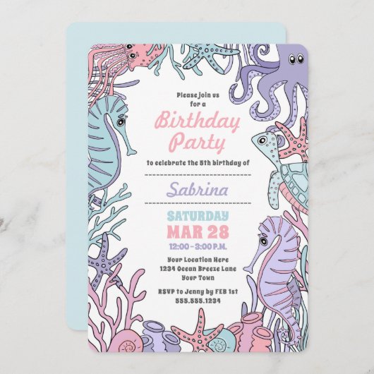 Pastel Ocean Theme Zee Life Birthday Uitnodiging (Voorkant / Achterkant)