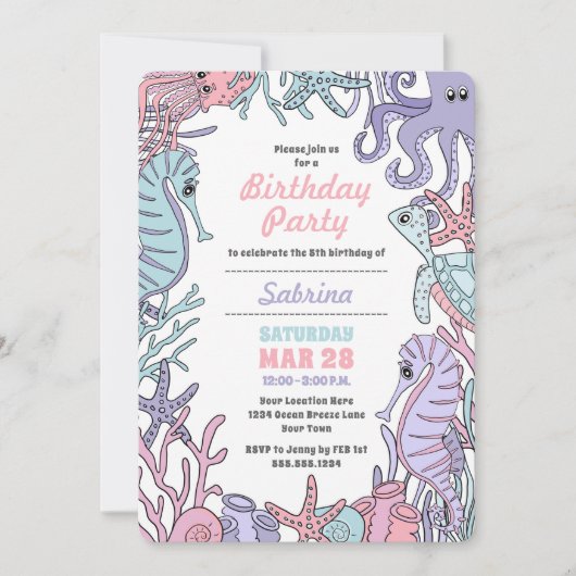 Pastel Ocean Theme Zee Life Birthday Uitnodiging (Voorkant)