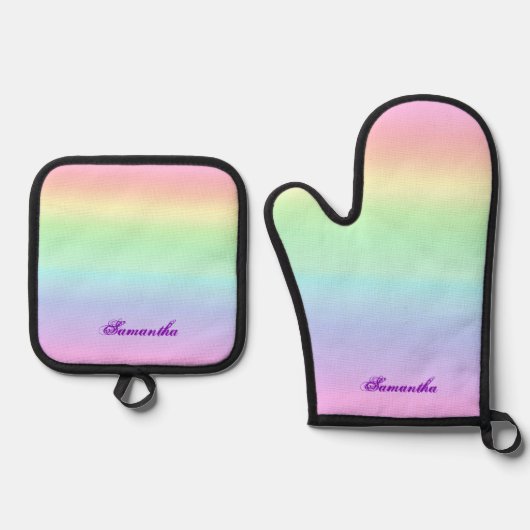Pastel Ombre Rainbow voegt Jouw naam toe Ovenwant & Pannenlap Set (Voorkant)