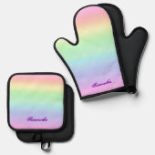 Pastel Ombre Rainbow voegt Jouw naam toe Ovenwant & Pannenlap Set (Voorkant / Achterkant)