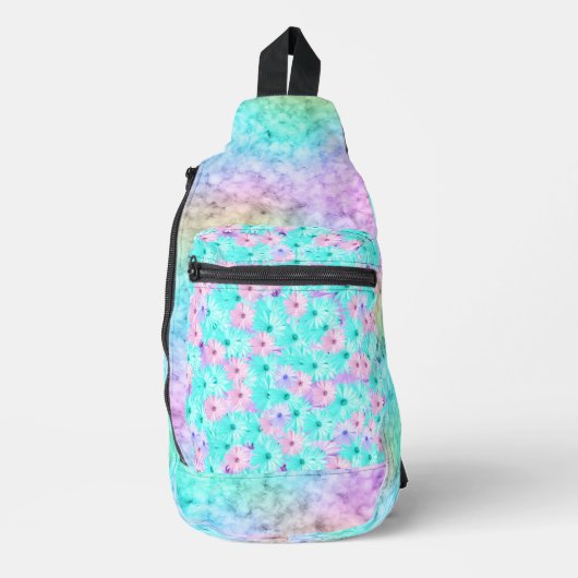 PASTEL OMBRE ROZE EN BLAUWE DAISY BLOEMEN SLING BAG (Voorkant)