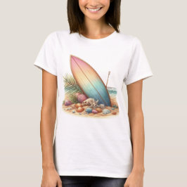 PASTEL OMBRE SURFPLANK EN BLOEMEN OP HET STRAND T-SHIRT