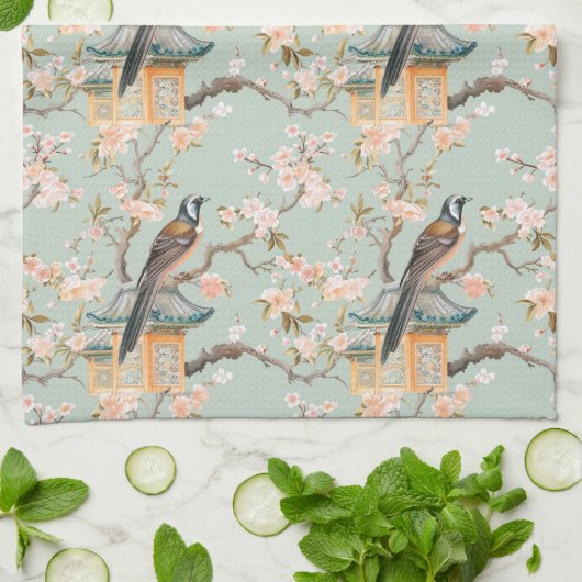 Pastel Oosterse vogel en fruit bloesems Theedoek (Gevouwen)