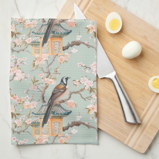 Pastel Oosterse vogel en fruit bloesems Theedoek (Quarter Fold)