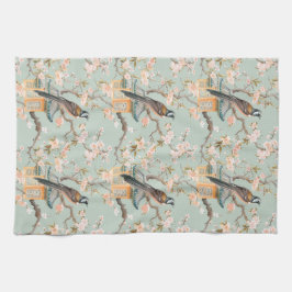 Pastel Oosterse vogel en fruit bloesems Theedoek