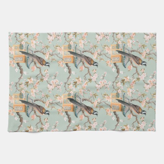 Pastel Oosterse vogel en fruit bloesems Theedoek (Horizontaal)