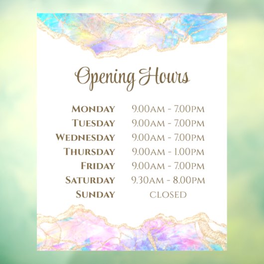 Pastel Opal Design Opening Uours Window Cling Raamsticker (Vel 3)