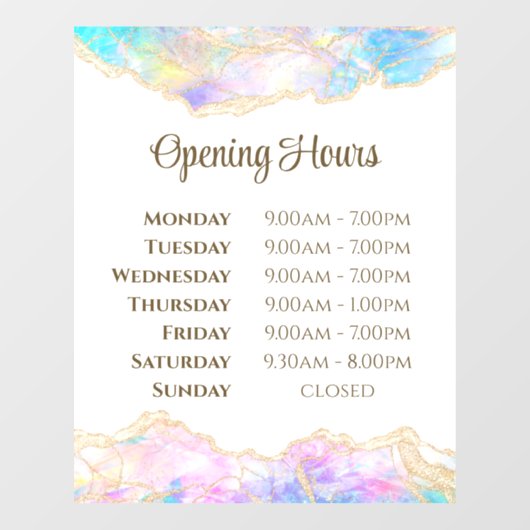 Pastel Opal Design Opening Uours Window Cling Raamsticker (Vel)