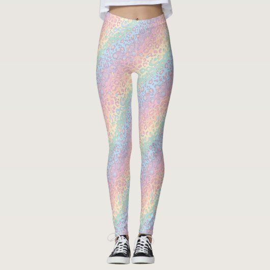 Pastel Opal Regenboog Luipaardprint Leggings (Voorkant)