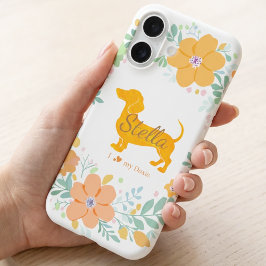 Pastel Orange Dachshund with Flower – Custom Name iPhone 16 Hoesje