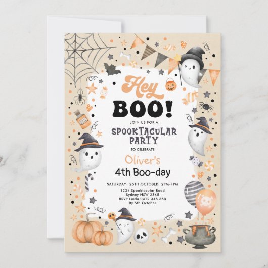 Pastel Oranje Black Halloween Ghost Boy Birthday Kaart (Voorkant)