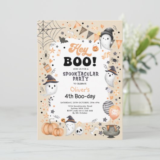 Pastel Oranje Black Halloween Ghost Boy Birthday Kaart (Staand voorkant)
