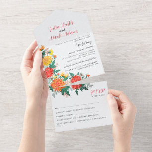 Pastel Oranje Gele Lente Dahlia Bloemen Bruiloft All In One Uitnodiging