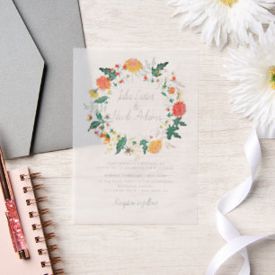 Pastel Oranje Gele Lente Dahlia Bloemen Bruiloft Vellum Uitnodigingen