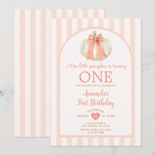 Pastel Oranje pompoen Bowtie 1e verjaardagsfeest Kaart (Voorkant / Achterkant)