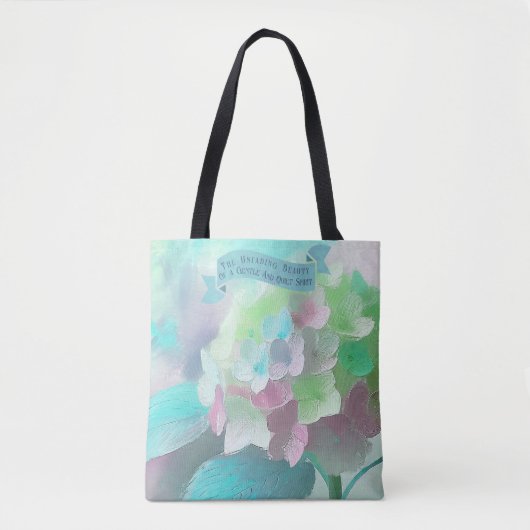 Pastel Orthensia geschilderde bloem, Bijbel citaat Tote Bag (Voorkant)