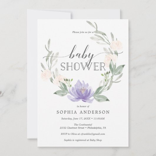 Pastel Paars Baby shower Uitnodiging (Voorkant)