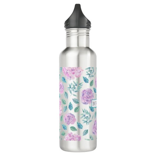 Pastel Paars Bloemen Patroon Monogram Waterfles (Links)