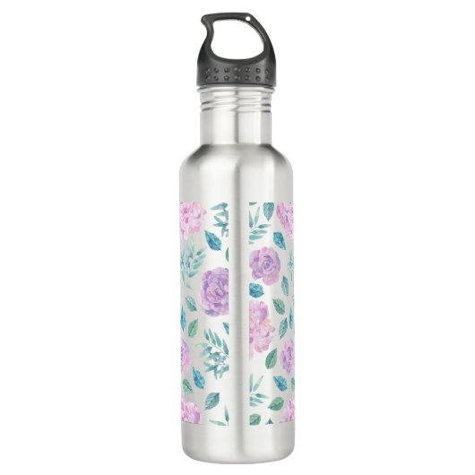 Pastel Paars Bloemen Patroon Monogram Waterfles (Achterkant)