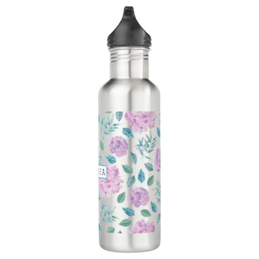 Pastel Paars Bloemen Patroon Monogram Waterfles (Rechts)