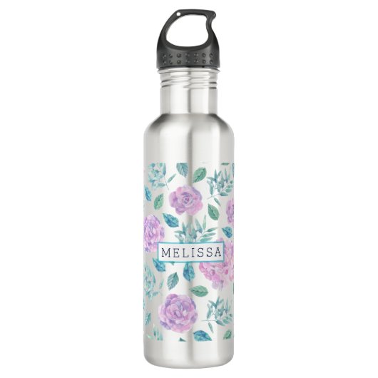 Pastel Paars Bloemen Patroon Monogram Waterfles (Voorkant)