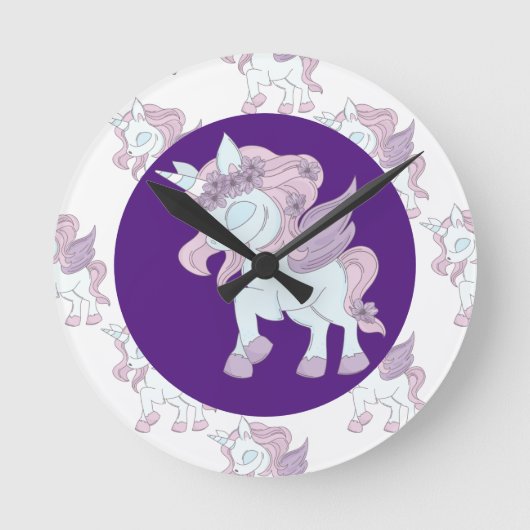 Pastel Paars en witte unicorn acrylwandklok Ronde Klok (Voorkant)