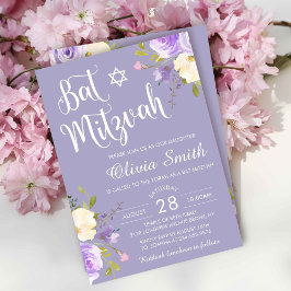Pastel Paars Floral White Script Bat Mitzvah Kaart