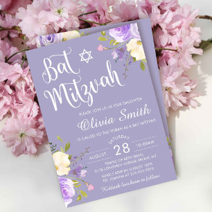 Pastel Paars Floral White Script Bat Mitzvah Kaart