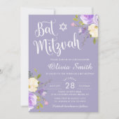 Pastel Paars Floral White Script Bat Mitzvah Kaart (Voorkant)