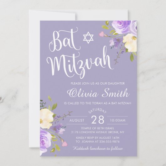 Pastel Paars Floral White Script Bat Mitzvah Kaart (Voorkant)