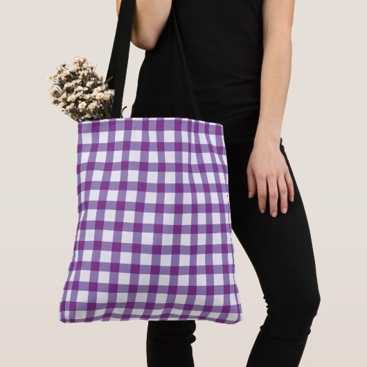 Pastel Paars Gingham Check Patroon Tote Bag (Dichtbij)