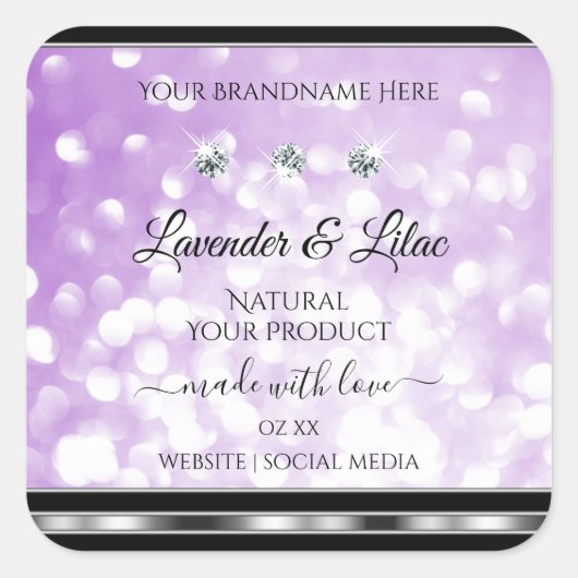 Pastel Paars Glitter Product Labels met diamanten (Voorkant)