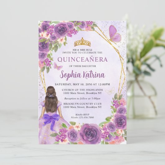 Pastel Paars Gold Floral Princess Quinceañera Kaart (Staand voorkant)