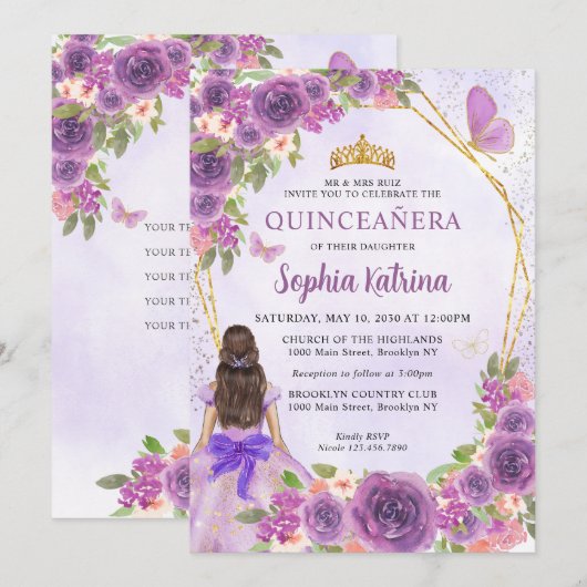 Pastel Paars Gold Floral Princess Quinceañera Kaart (Voorkant / Achterkant)