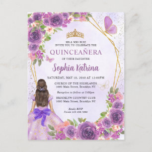 Pastel Paars Gold Floral Princess Quinceañera Uitnodiging Briefkaart