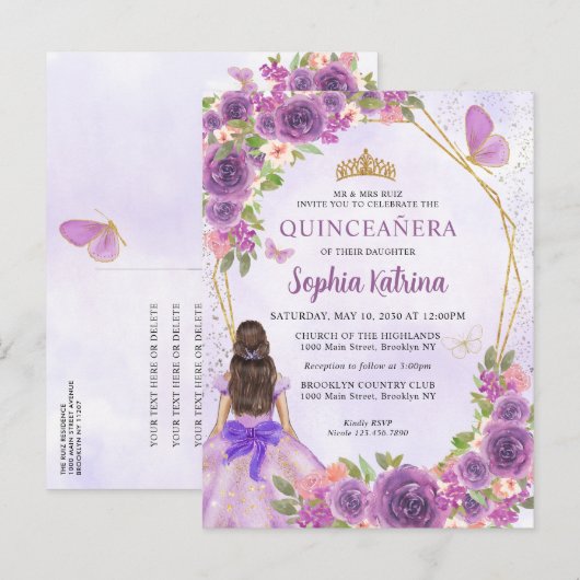 Pastel Paars Gold Floral Princess Quinceañera Uitnodiging Briefkaart (Voorkant / Achterkant)