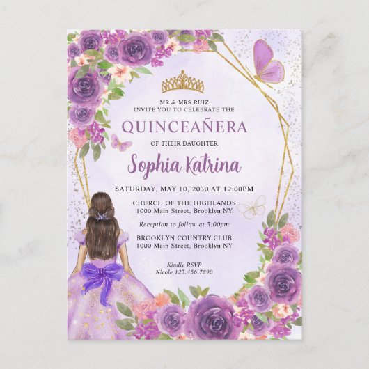 Pastel Paars Gold Floral Princess Quinceañera Uitnodiging Briefkaart (Voorkant)