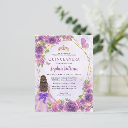 Pastel Paars Gold Floral Princess Quinceañera Uitnodiging Briefkaart (Staand voorkant)