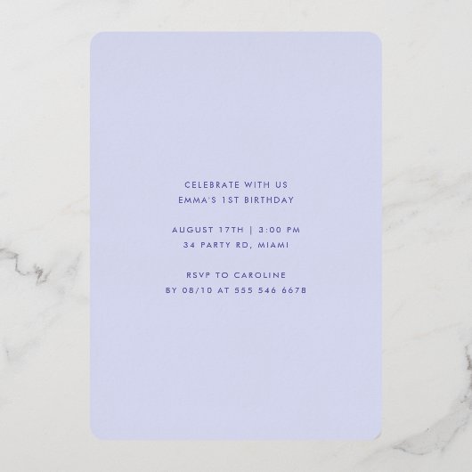 Pastel Paars meisje Eerste verjaardag Confetti Gol Folie Uitnodiging (Achterkant)