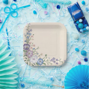 Pastel Paars, Wit & Blauw Botanische Bloemenprint Papieren Bordje