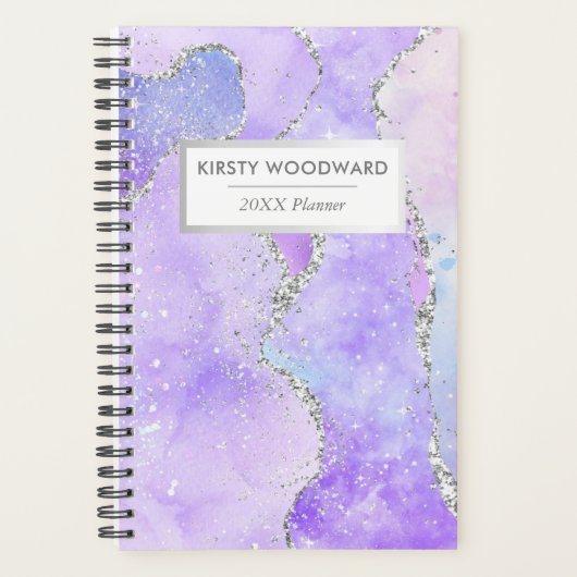 Pastel Paars & Witte Nep Zilver Glitter Agaat Planner (Voorkant)